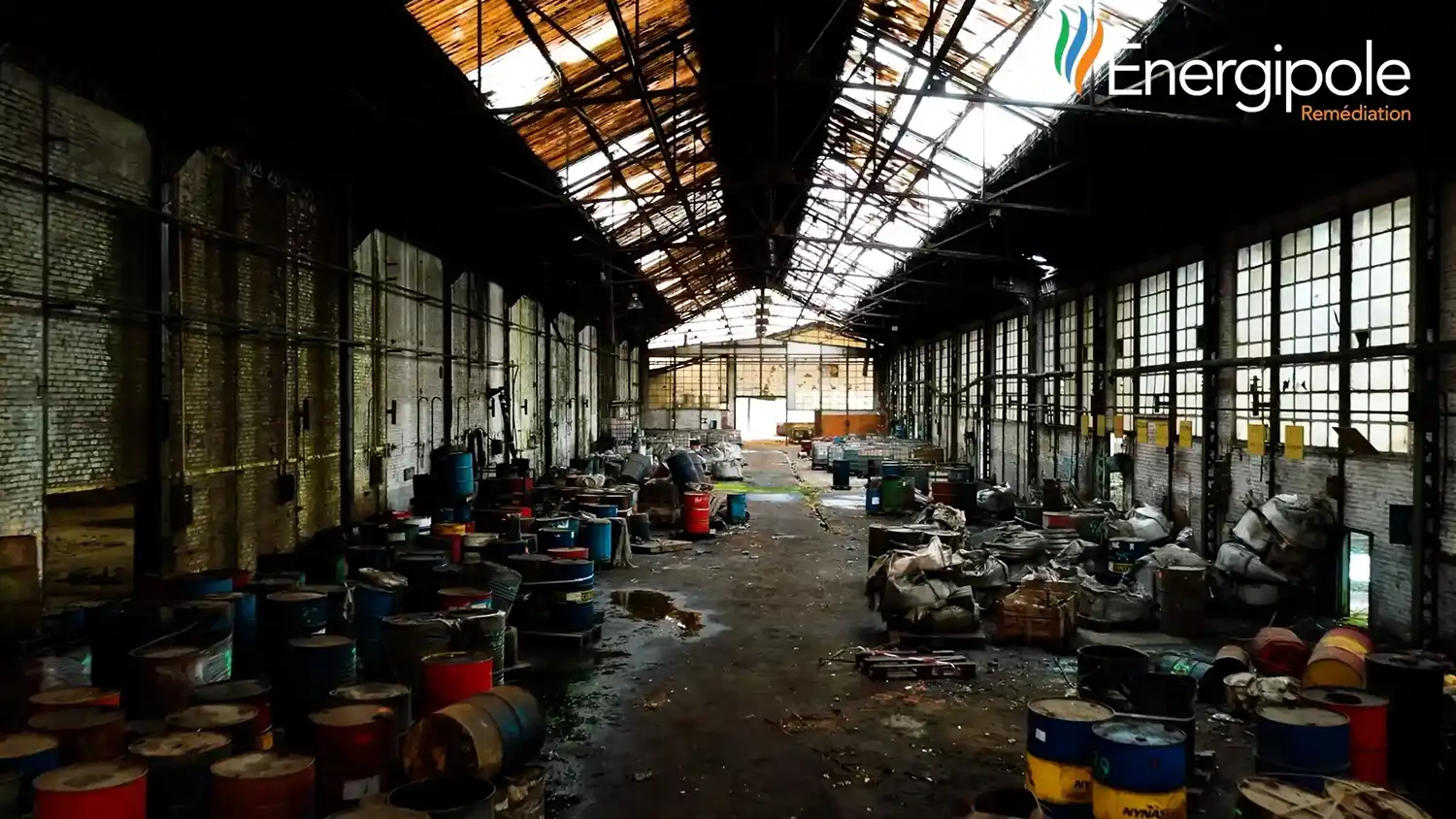 Intérieur d'un entrepôt abandonné à Feignies avec des fûts colorés dispersés sur le sol en béton, sous une toiture en verre partiellement brisée.